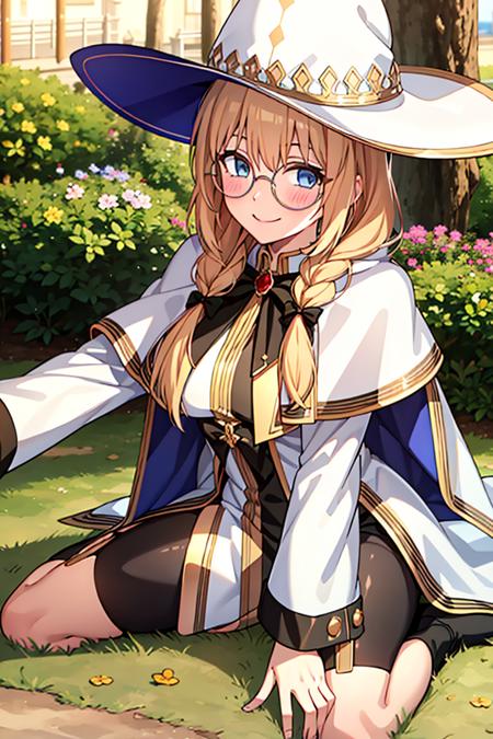 01970-2275023132-Morgan, hat, braid, solo, 1girl, looking at viewer, glasses, bangs, white headwear, blush, brooch, white capelet, animatic, cape.png